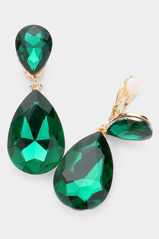 Glass Crystal Teardrop Clip on Evening Earrings - Debs on 5th