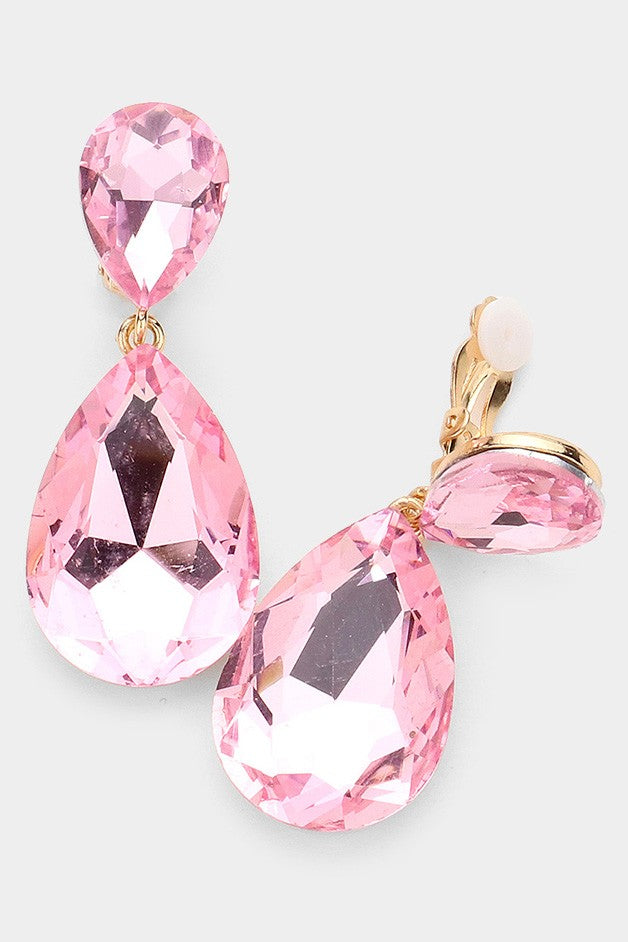 Glass Crystal Teardrop Clip on Evening Earrings - Debs on 5th