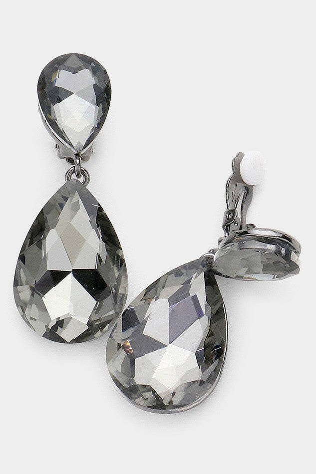Glass Crystal Teardrop Clip on Evening Earrings - Debs on 5th