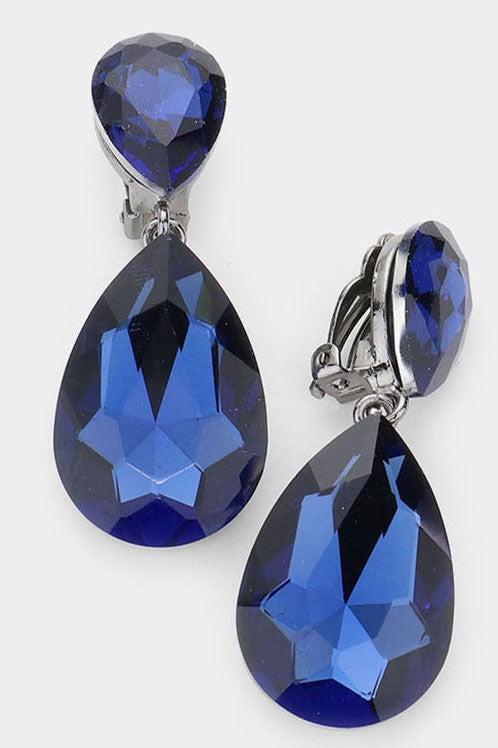 Glass Crystal Teardrop Clip on Evening Earrings - Debs on 5th