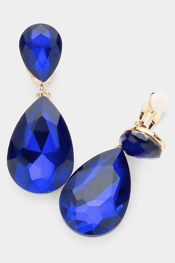 Glass Crystal Teardrop Clip on Evening Earrings - Debs on 5th