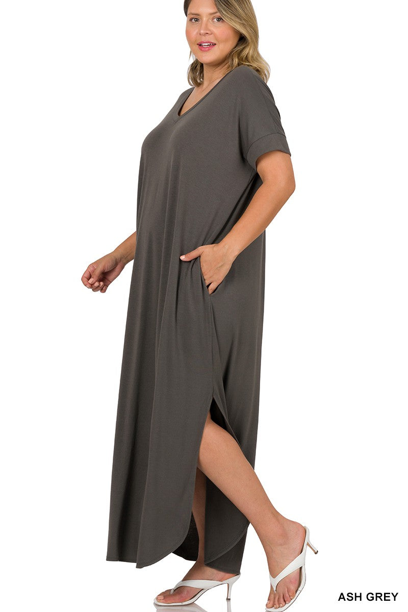 V Neck Short Sleeve Maxi Dress with Side Slits Plus - Debs on 5th