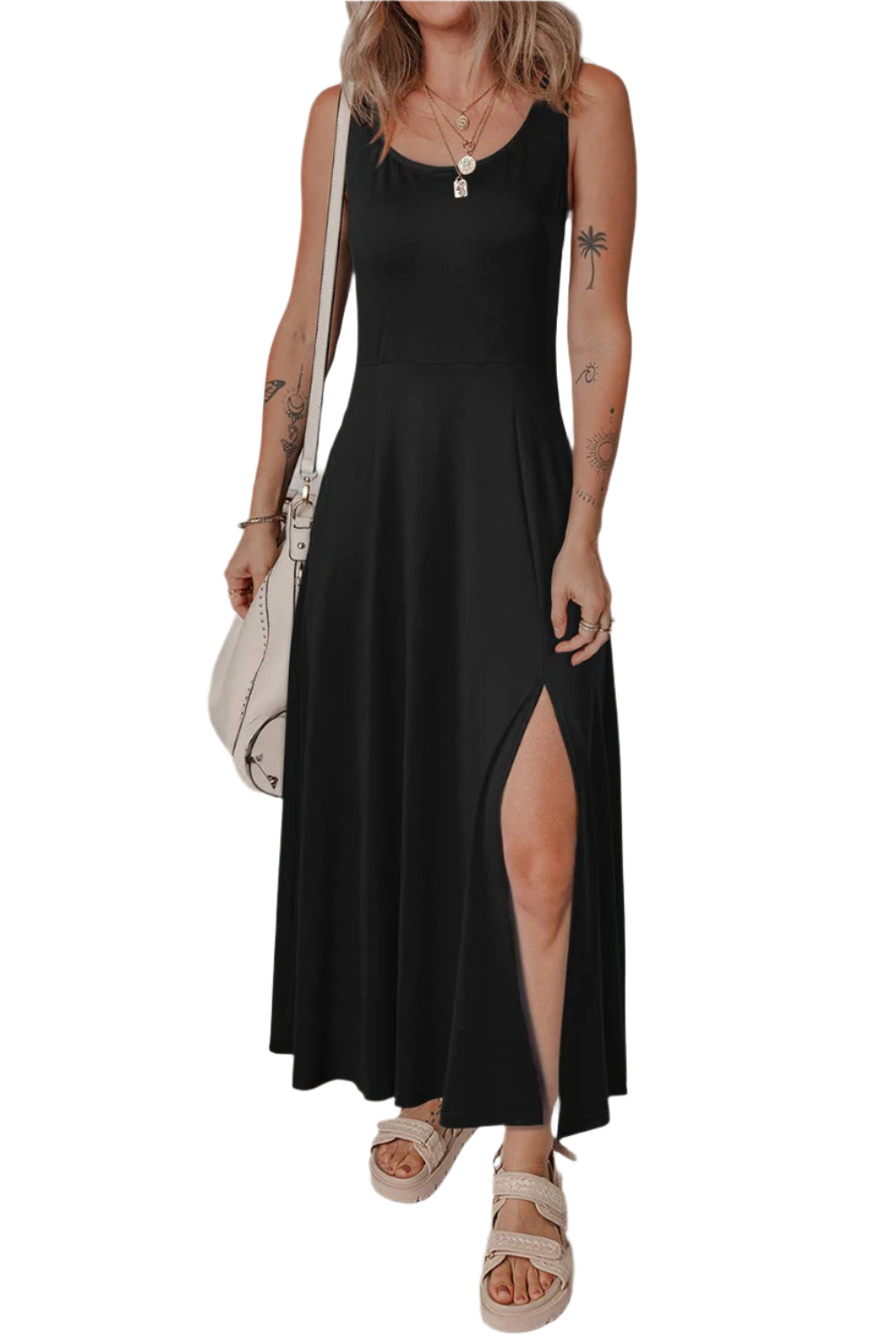 Casual Solid Side Split Midi Dress
