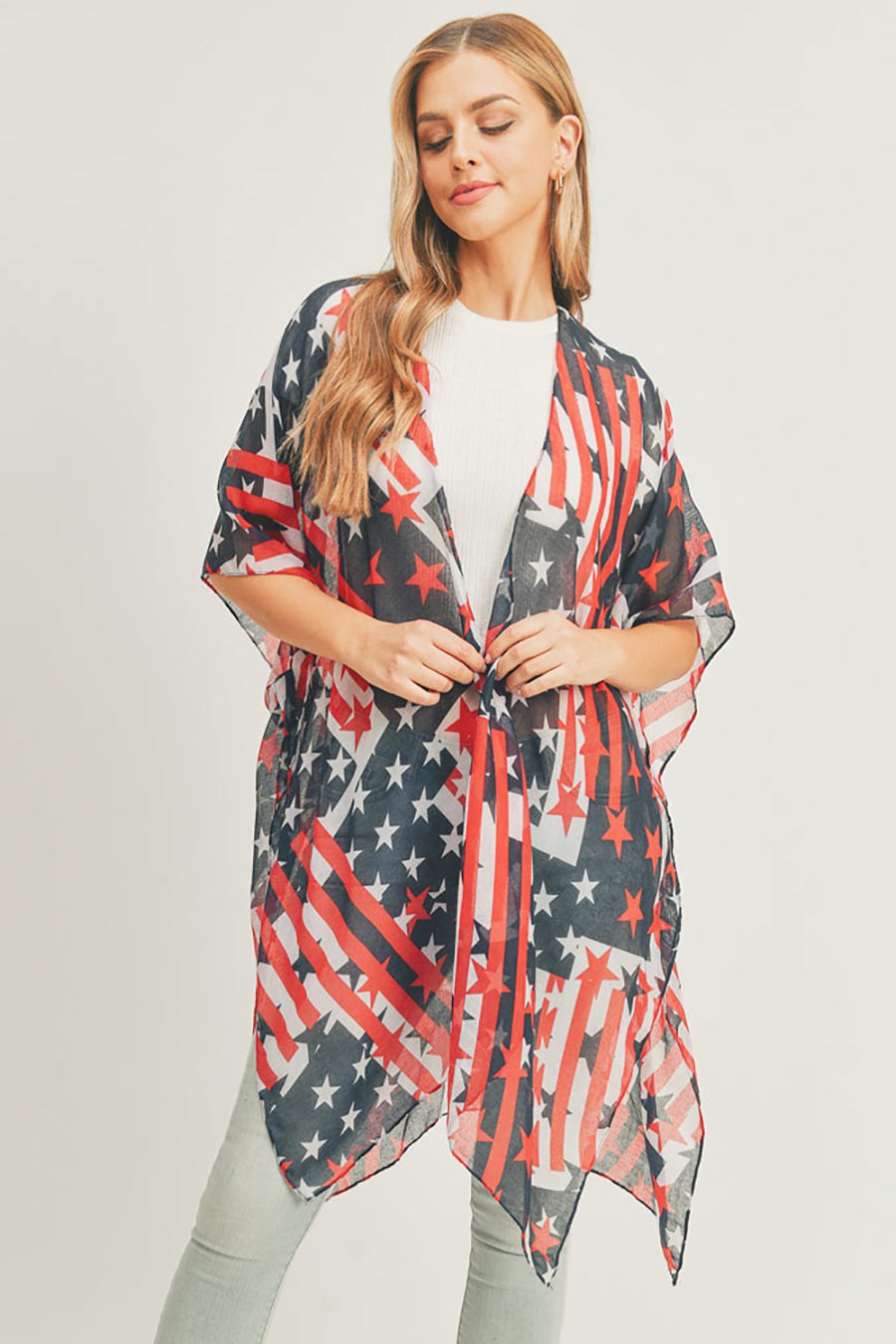 American USA Flag Printed Cover Up Kimono Poncho - Debs on 5th