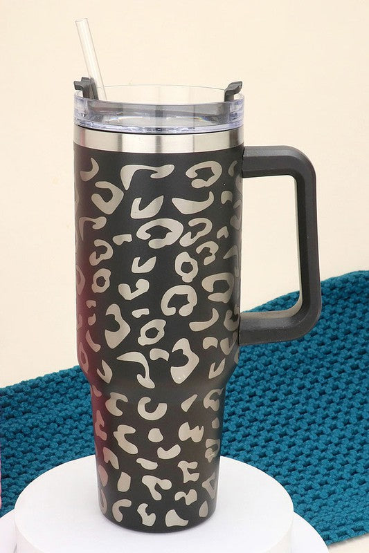 40oz Stainless Steel Leopard Tumbler with Handle - Debs on 5th