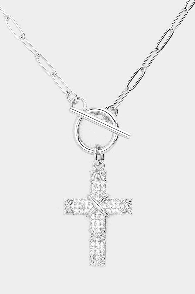 CZ Embellished Cross Pendant Toggle Necklace - Debs on 5th