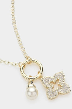 14K CZ Clover Natural Pearl Charm Pendant Necklace