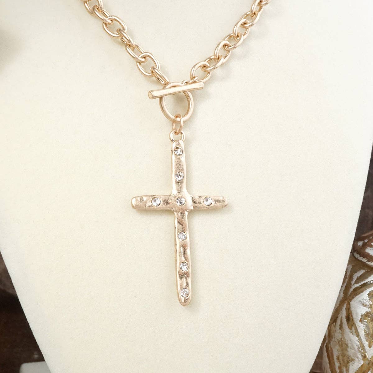 Divine Simplicity – Hammered Cross Front Toggle Necklace
