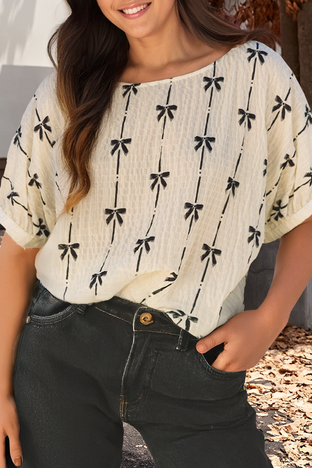 Bow Print Striped Top