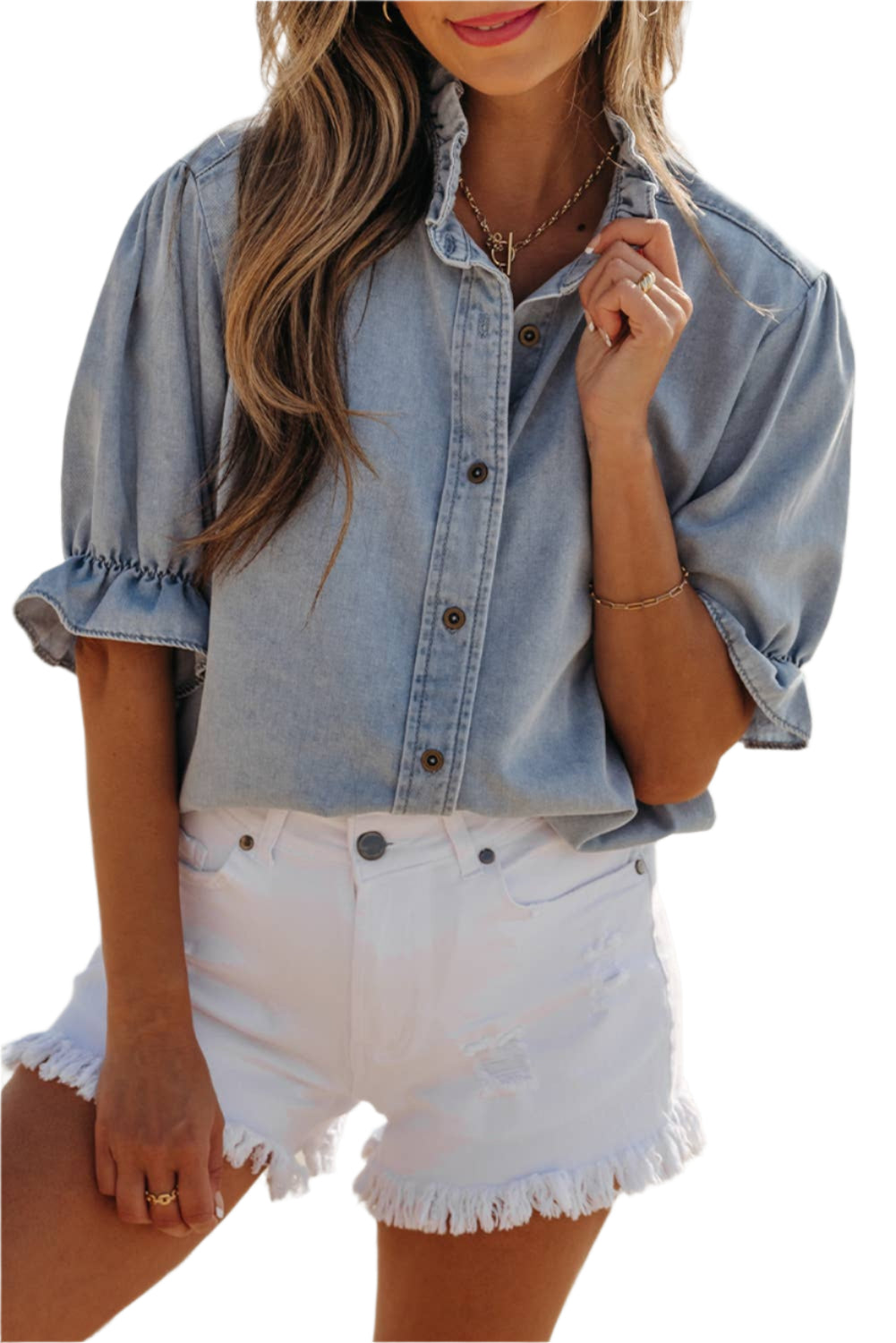 Ruffle Puff Sleeve Denim Shirt