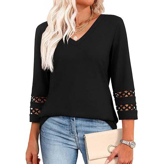 V Neck 3/4 Sleeve Lace Trim Top