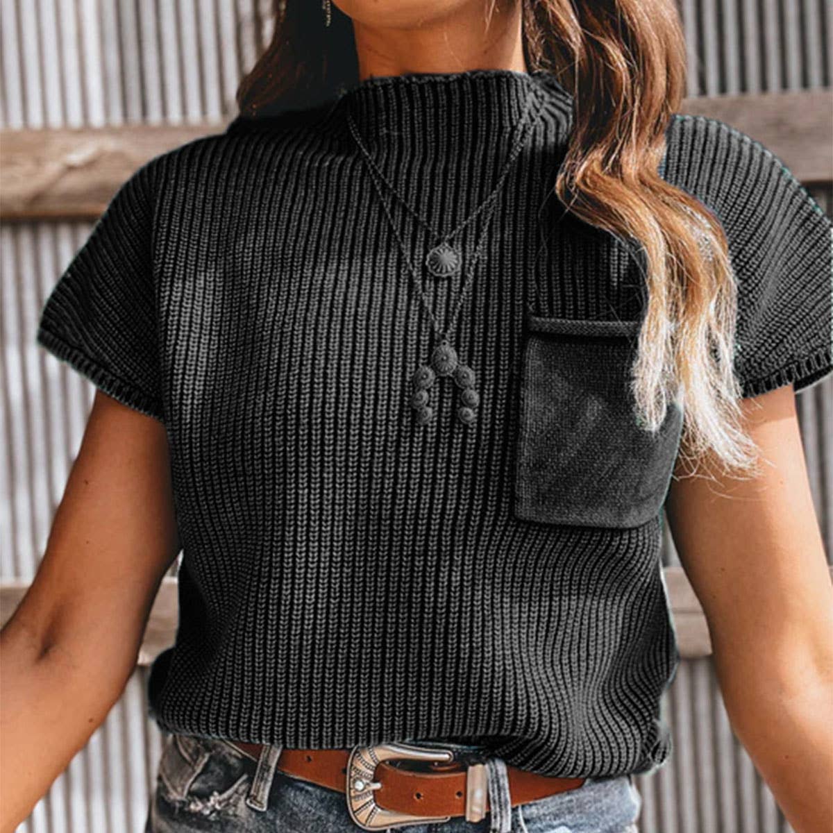Turtleneck Short Sleeve Sweater Top