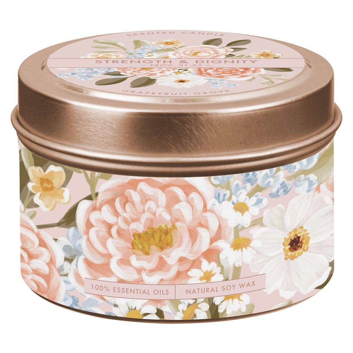 Tin Candle Floral Pink Strength & Dignity Prov. 31:25