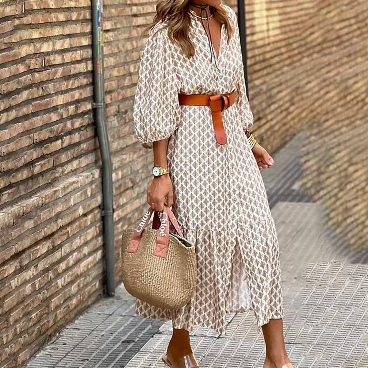 Belt Waist Single-Breasted Midi Dress