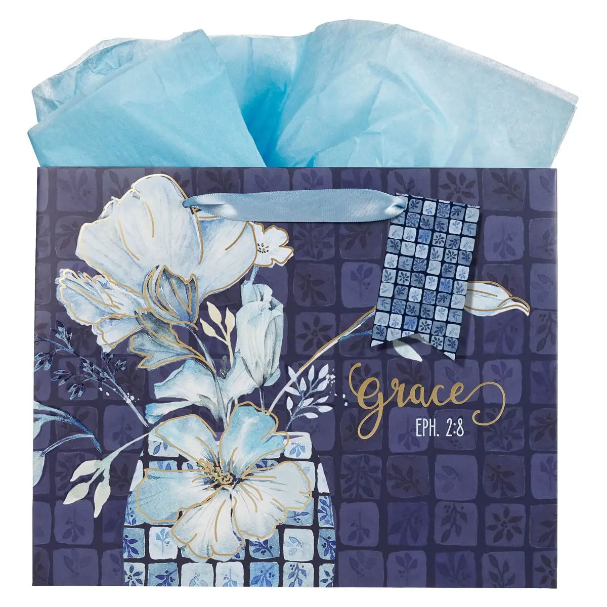 Grace Blue Floral Tile Large Landscape Gift Bag