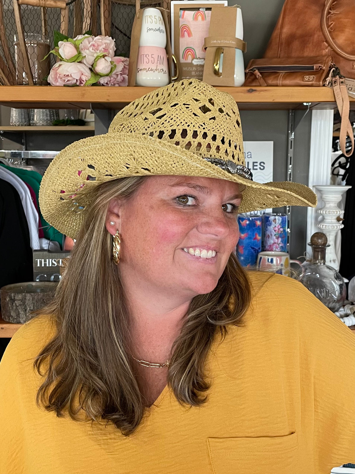 Natural Stone Wood Accented Straw Cowboy Sun Hat - Debs on 5th