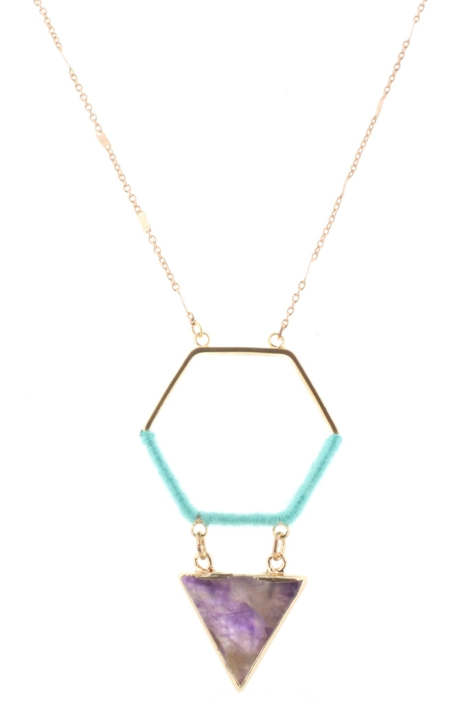 32" Gold Chain with Turquoise Wrapped Hexagon with Amethyst Stone Triangle - Debs on 5th