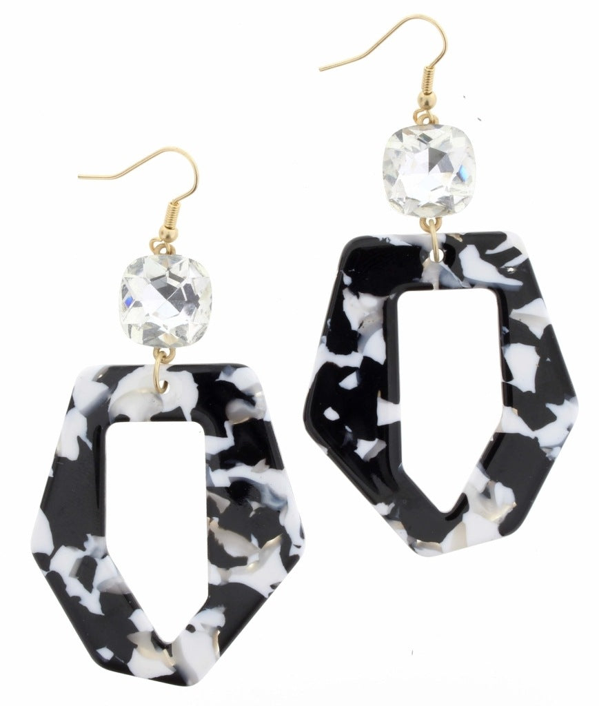 Clear Rhinestone Square with Black and White Resin Open Irregular Shape Earrings - Debs on 5th