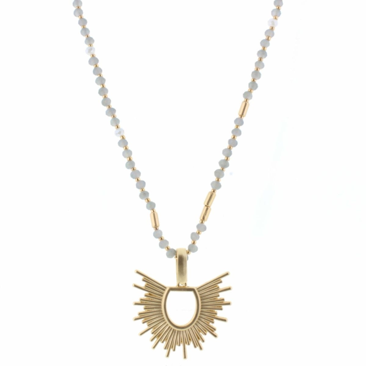 32" Frosted Grey Beaded with Cutout Sunburst Necklace - Debs on 5th
