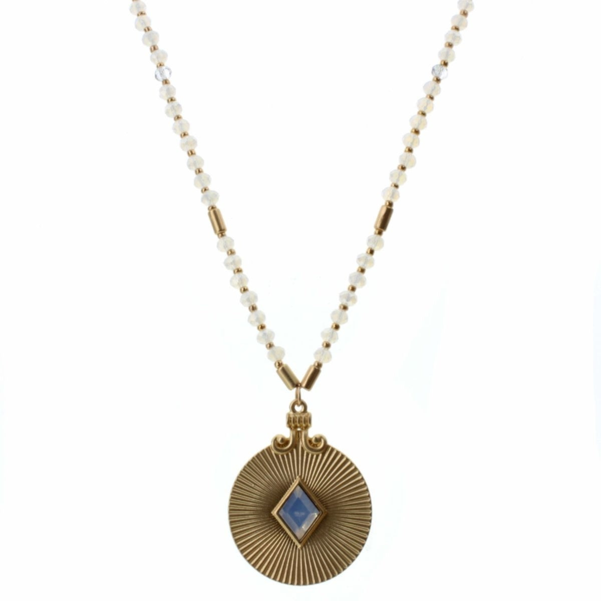 32" Opal Beaded with Textured Disk & Center Opal Stone Necklace - Debs on 5th