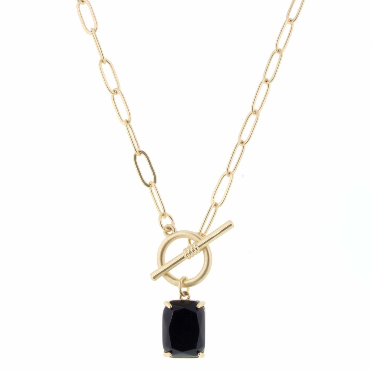16" Gold Chain with Jet Stone Square & Toggle Necklace - Debs on 5th