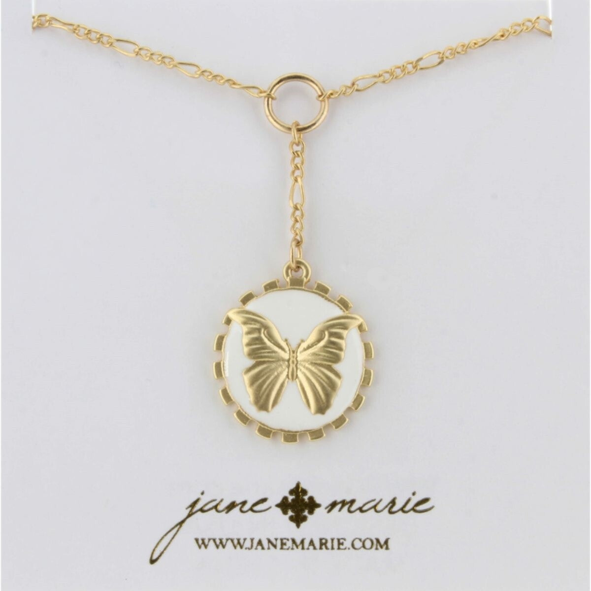 16" Gold Chain Lariat, Gold Butterfly White Enamel Charm Necklace, 2" Ext. - Debs on 5th