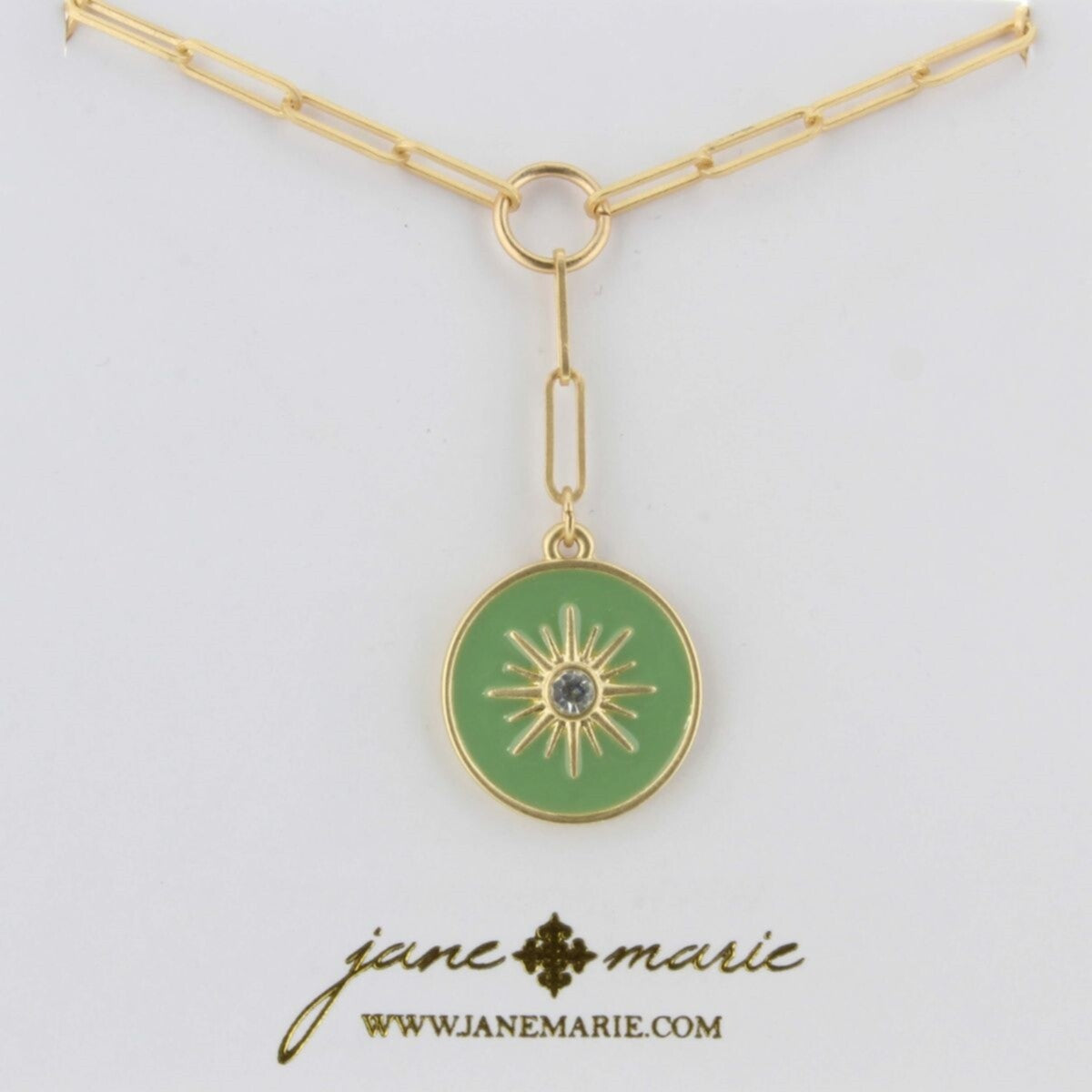 16" Gold Chain Lariat, Czech Center Sun Mint Enamel Charm Necklace - Debs on 5th