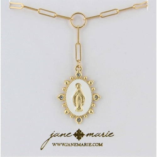 16" Gold Chain Lariat, Gold Virgin Mary Enamel Charm Necklace - Debs on 5th