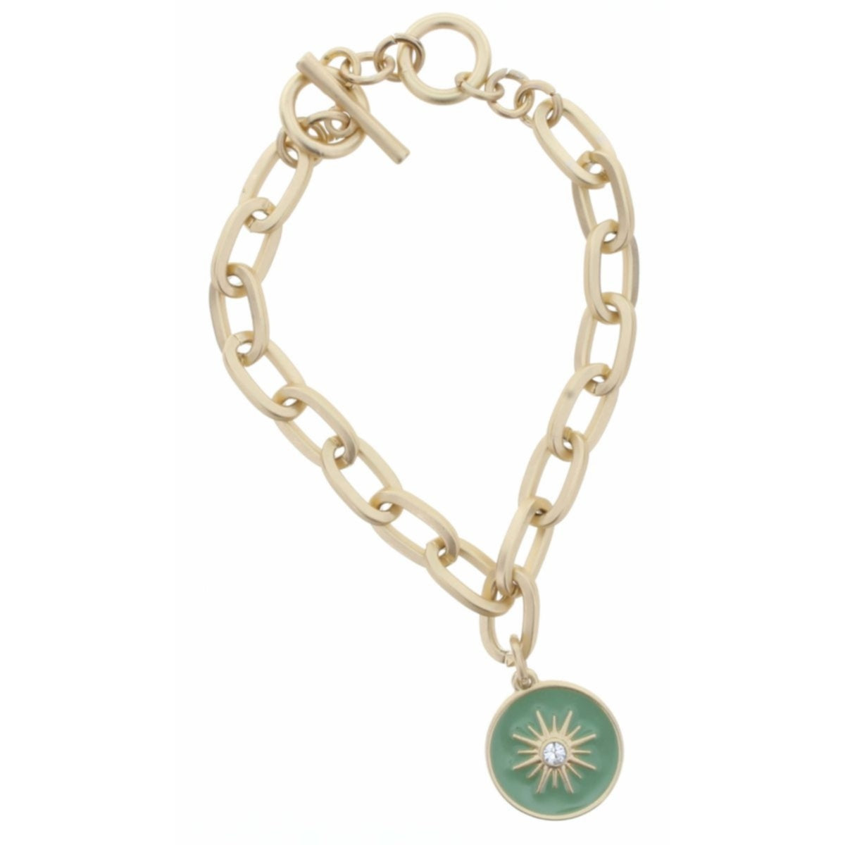 Gold Toggle Chain with Clear Czech Center Sun in Mint Enamel Charm Bracelet - Debs on 5th