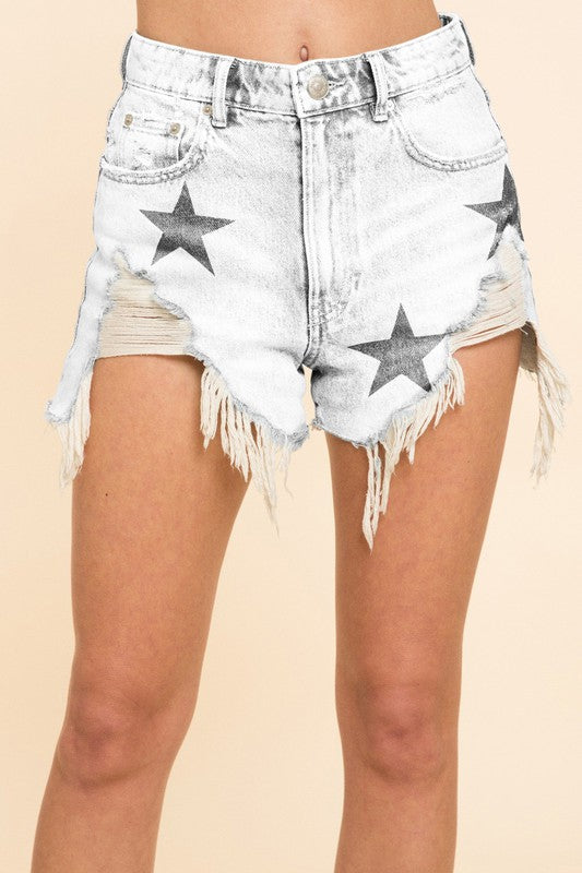 Star Printed Distressed Denim Shorts - Debs on 5th