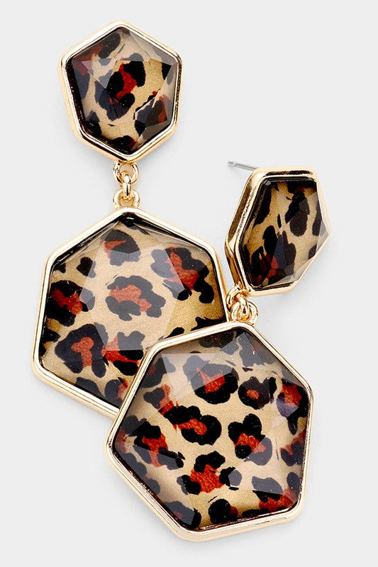 Glitter Leopard Double Hexagon Bead Link Earrings - Debs on 5th