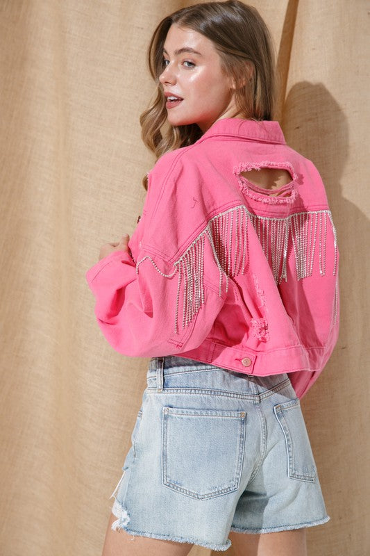 Rhinestone Fringe Denim Jacket - Debs on 5th