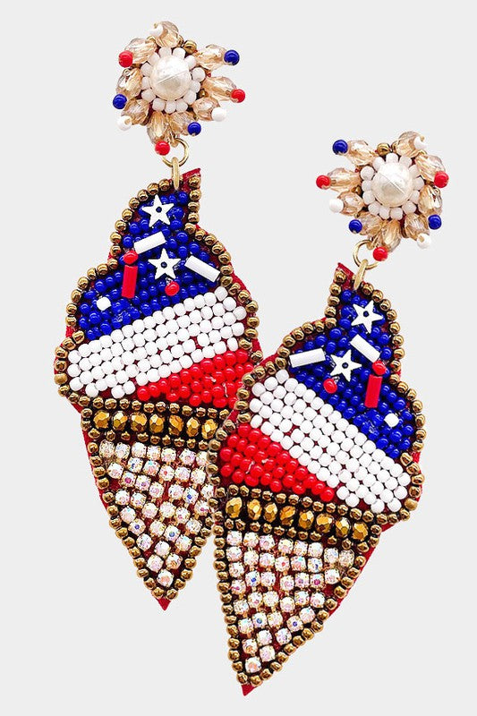 Seed Beaded American USA Flag Ice Cream Earrings - Debs on 5th