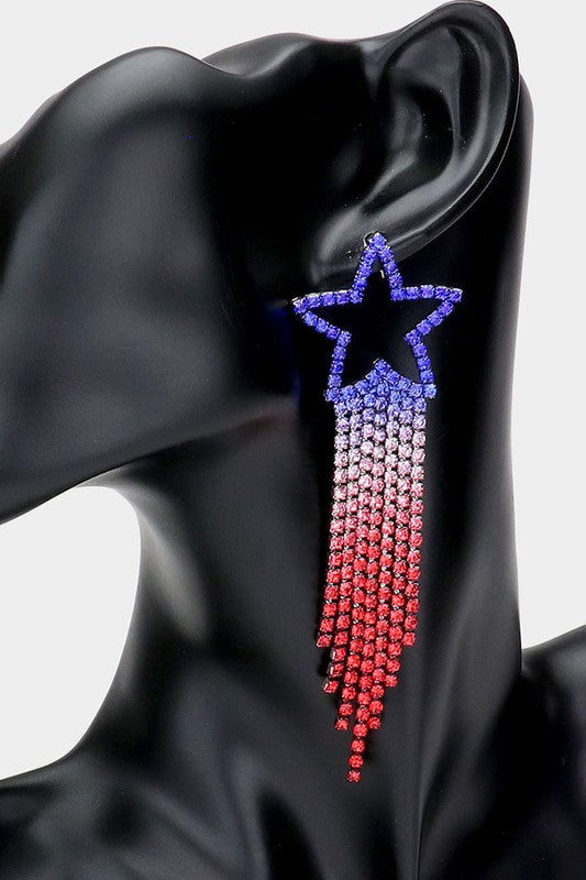 Star Accented Rhinestone Fringe Dangle Earrings - Debs on 5th