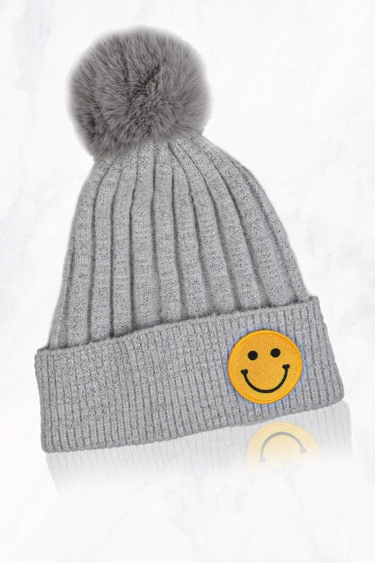 Smile Face Beanie With Pompom - Debs on 5th