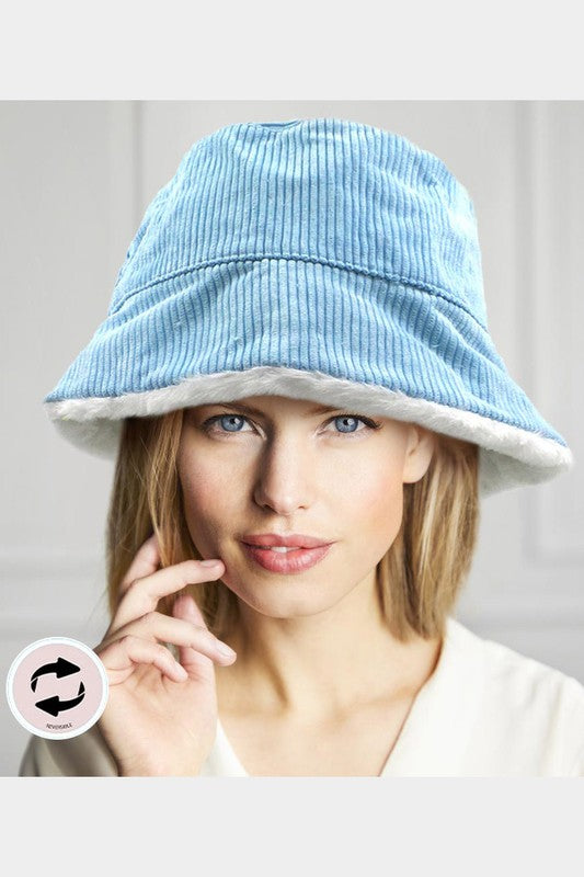 Reversible Corduroy Soft Faux Fur Bucket Hat - Debs on 5th