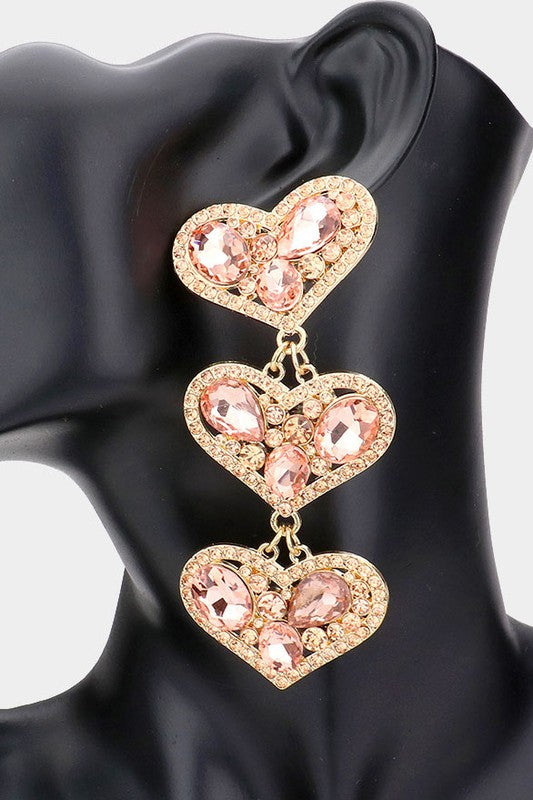 Multi Stone Embellished Triple Heart Dangle Evening Earrings - Debs on 5th