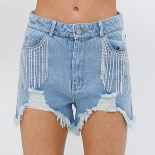 Frayed Rhinestone Denim Shorts - Debs on 5th