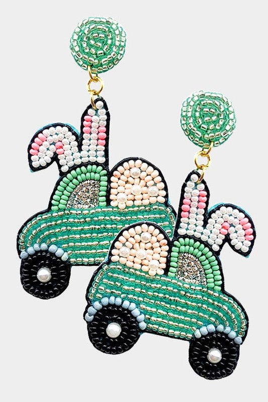 Seed Beaded Easter Bunny Car Earrings - Debs on 5th