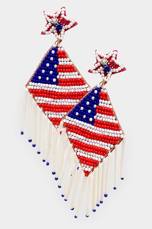 Seed Beaded American USA Flag Fringe Earrings - Debs on 5th