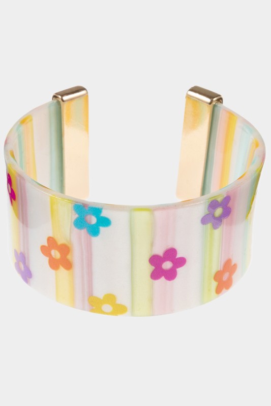 Flower Patterned Striped Resin Cuff Bracelet - Debs on 5th