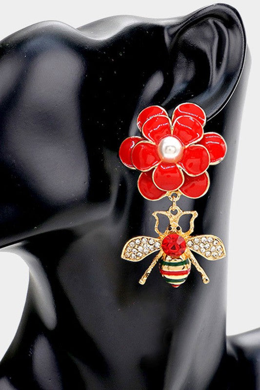 Enamel Flower Honey Bee Link Dangle Earrings - Debs on 5th