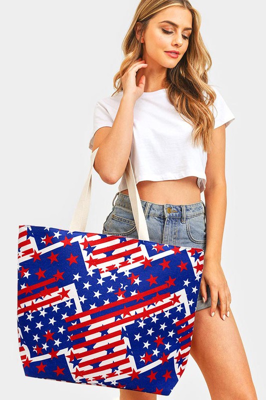 American USA Flag Printed Beach Tote Bag - Debs on 5th