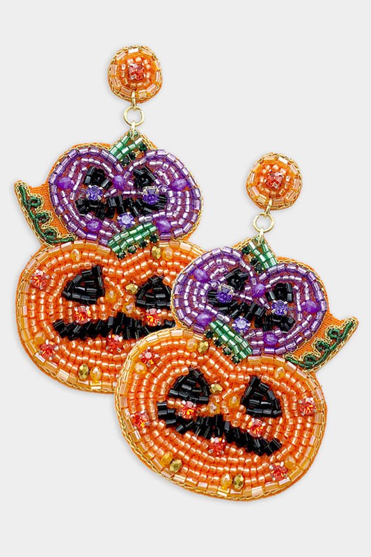 Felt Back Halloween Pumpkin Beaded Dangle Earrings - Debs on 5th