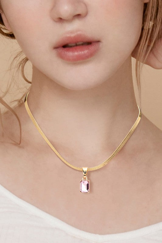 Emerald Cut Stone Pendant Necklace - Debs on 5th