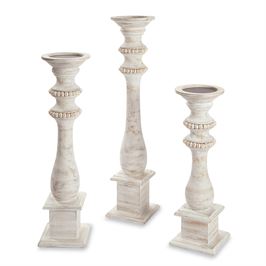White Wash Beaded Wood Candlestick - Debs on 5th