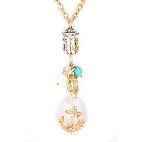 Metal Anchor Necklace with Frosted Glass Stone - Debs Boutique  LLC