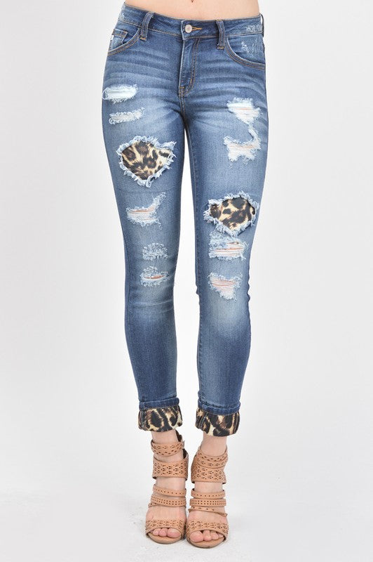 Mid Rise Leopard Patch Ankle Skinny - Debs on 5th