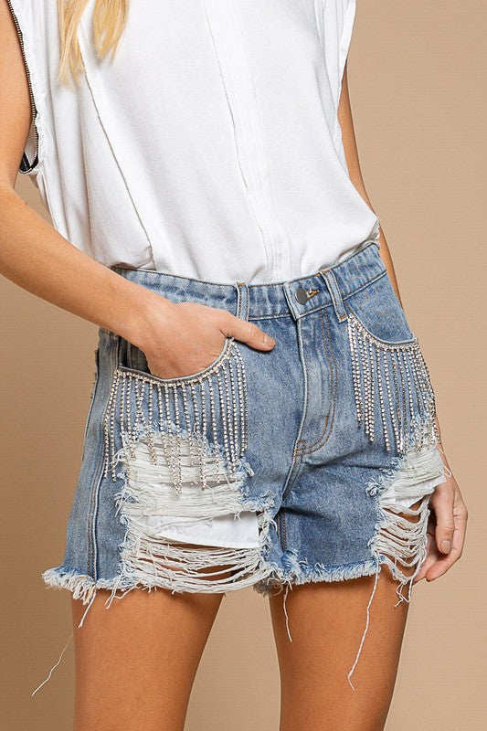 Beaded Pocket Ripped Shorts - Debs on 5th