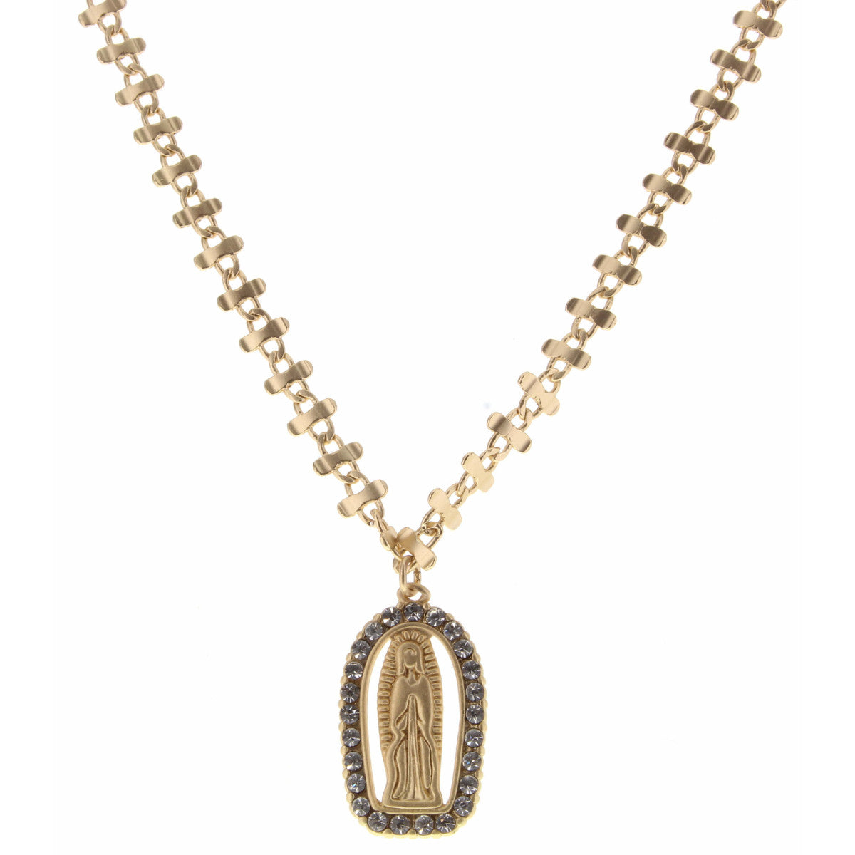 14" Clear Crystal Embellishments Surrounding Virgin Mary Necklace, 3" Ext. - Debs on 5th